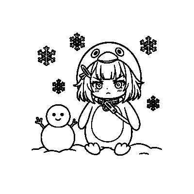 ググガガペンギン 線画・雪の日 印刷できるぬりえ線画 高画質・透かしなし素材 無料ダウンロード