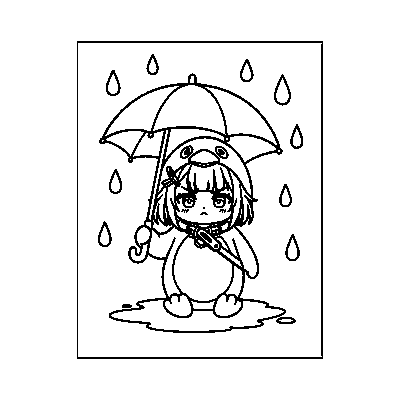 ググガガペンギン 線画・雨の日 印刷できるぬりえ線画 高画質・透かしなし素材 無料ダウンロード