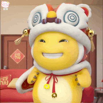 奶龙大笑表情包：戴舞狮帽眯眼弯缝咧嘴露整排白牙大笑