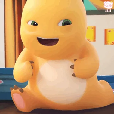 奶龙大笑表情包：眯眼成缝坐姿举爪张嘴大笑